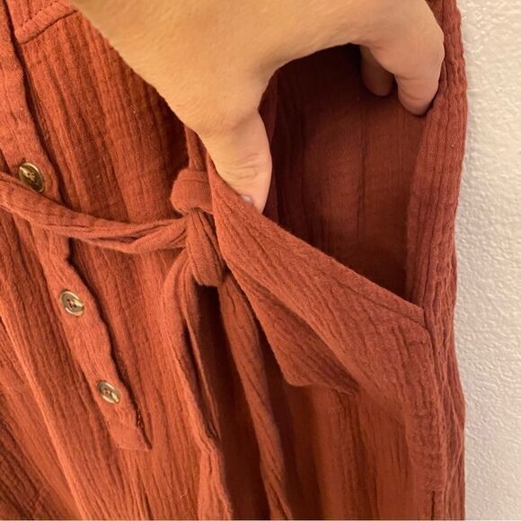 Orange Lagenlook cotton gauze muslin wide leg jumpsuit beltvbutton pocket L - Picture 10 of 13